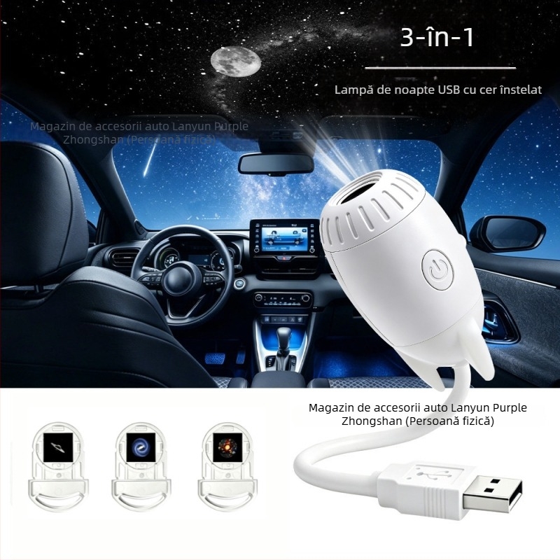 Proiector USB cu cer înstelat pentru interiorul mașinii și dormitor, iluminare ambientală galaxie