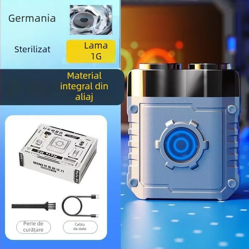 Aparat de ras electric mini pentru bărbați, compact pentru călătorii, cap rotativ cu două lame, corp din aliaj de aluminiu, utilizare umedă și uscată, reîncărcabil