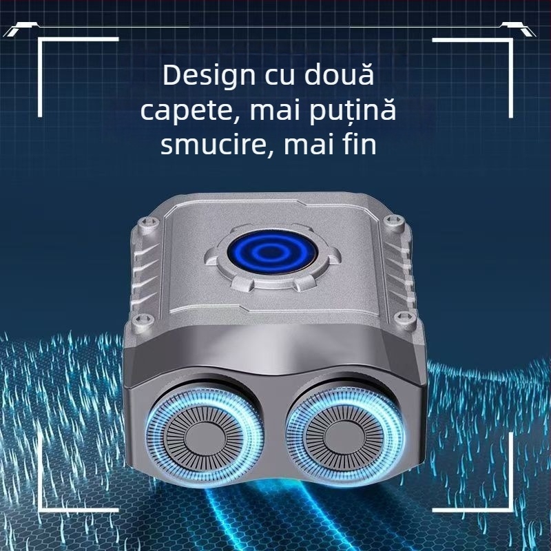 Aparat de ras electric mini pentru bărbați, compact pentru călătorii, cap rotativ cu două lame, corp din aliaj de aluminiu, utilizare umedă și uscată, reîncărcabil
