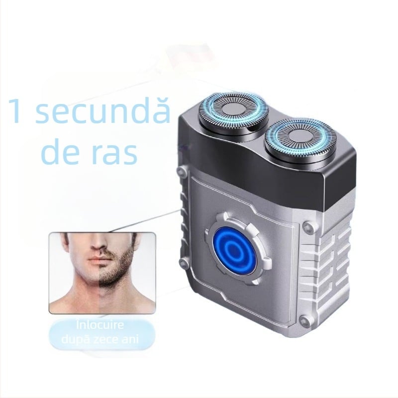 Aparat de ras electric mini pentru bărbați, compact pentru călătorii, cap rotativ cu două lame, corp din aliaj de aluminiu, utilizare umedă și uscată, reîncărcabil