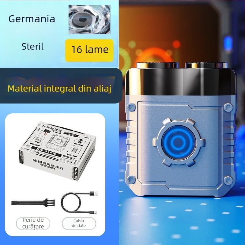 Aparat de ras electric mini pentru bărbați, compact pentru călătorii, cap rotativ cu două lame, corp din aliaj de aluminiu, utilizare umedă și uscată, reîncărcabil