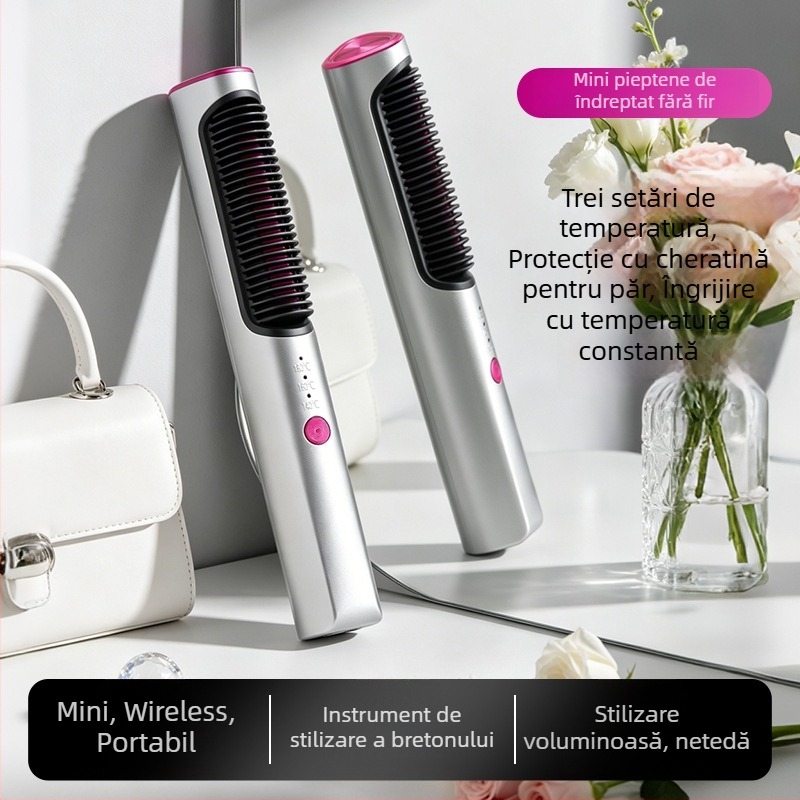 Pieptene mini fără fir pentru netezire și buclă pentru breton – instrument dual de styling pentru uz casnic