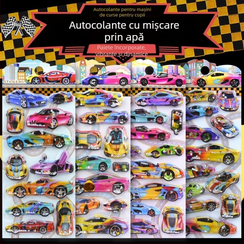 Sticker 3D cu mașină de curse pentru copii – mașină sport din desene animate, cu efect de apă și nisip de cristal