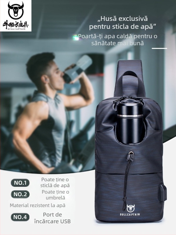 Geantă de piept pentru bărbați din pânză Oxford, cu suport pentru sticlă, port USB, crossbody lejer, buzunar pentru dispozitiv de 8 inch