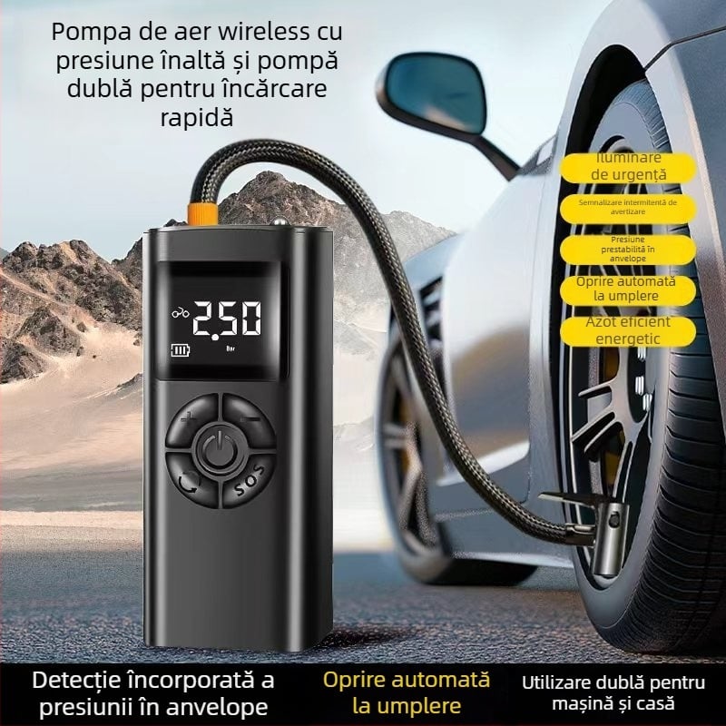 Chongqishi Pompa portabilă pentru pneuri auto cu afișaj digital, fără fir, reîncărcabilă, 12V presiune înaltă, pompă aer electric