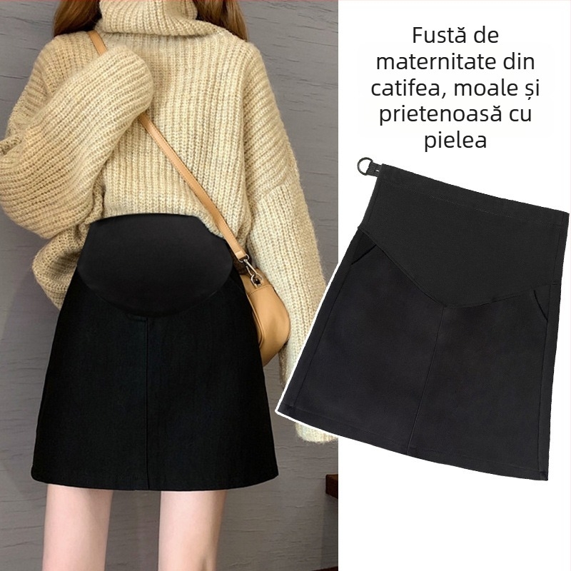 Fustă maternitate în linie A, scurtă, velur auriu, talie înaltă, stil retro, iarnă 2025