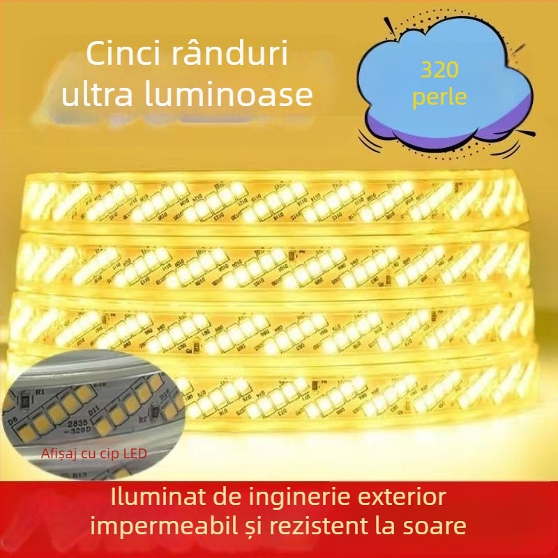 Bandă LED impermeabilă 220V, 320 LEDuri, luminozitate înaltă, aranjament diagonal în cinci rânduri, iluminare interioară
