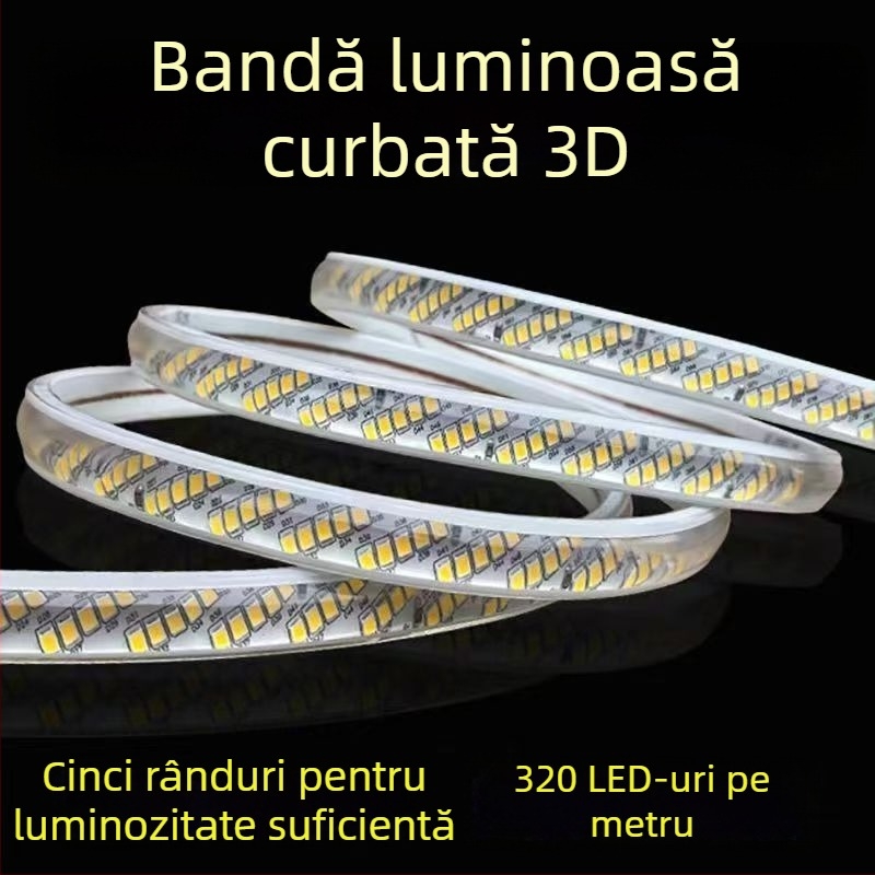 Bandă LED impermeabilă 220V, 320 LEDuri, luminozitate înaltă, aranjament diagonal în cinci rânduri, iluminare interioară