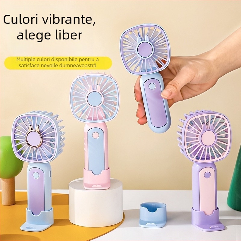 Ventilator manual USB reîncărcabil 2026, ventilator mini portabil pentru birou cu baterie încorporată, 5 palete, silențios sub 36 dB, 3 trepte de viteză, greutate 70 g, dimensiuni 15,8 × 7 × 5,8 cm, funcție power bank