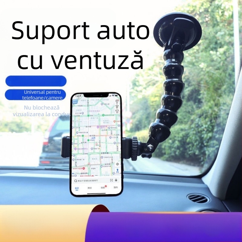 Suport auto cu ventuză, braț flexibil în formă de șarpe, pentru smartphone-uri și camere de acțiune, pentru parbriz.