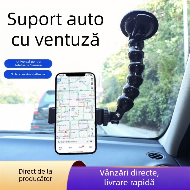 Suport auto cu ventuză, braț flexibil în formă de șarpe, pentru smartphone-uri și camere de acțiune, pentru parbriz.