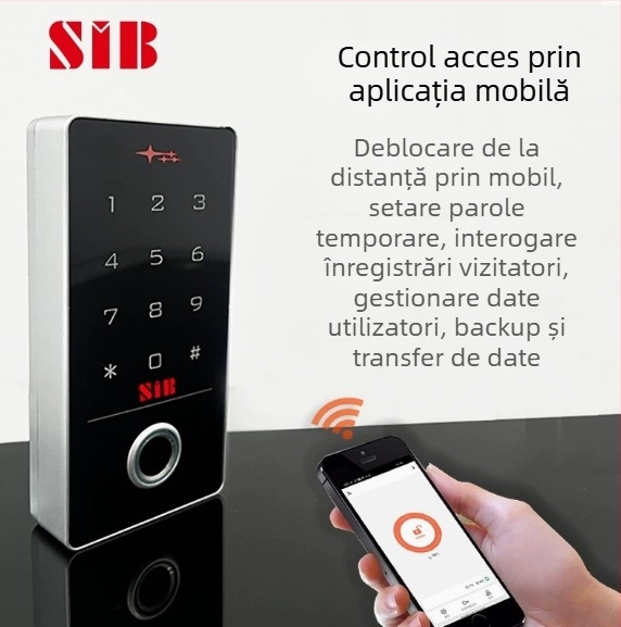 Sistem extern impermeabil de control al accesului cu amprentă, PIN, card ID și deschidere de ușă de la distanță prin aplicație mobilă