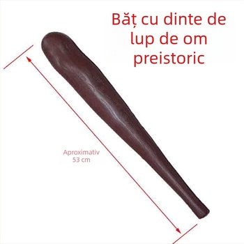 Recuzită pentru machiaj și costum: os de om primitiv, ciocan cu dinte de lup și baston sonor