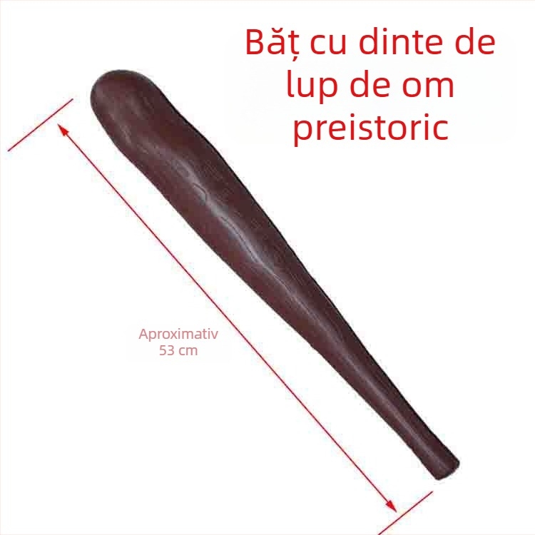 Recuzită pentru machiaj și costum: os de om primitiv, ciocan cu dinte de lup și baston sonor