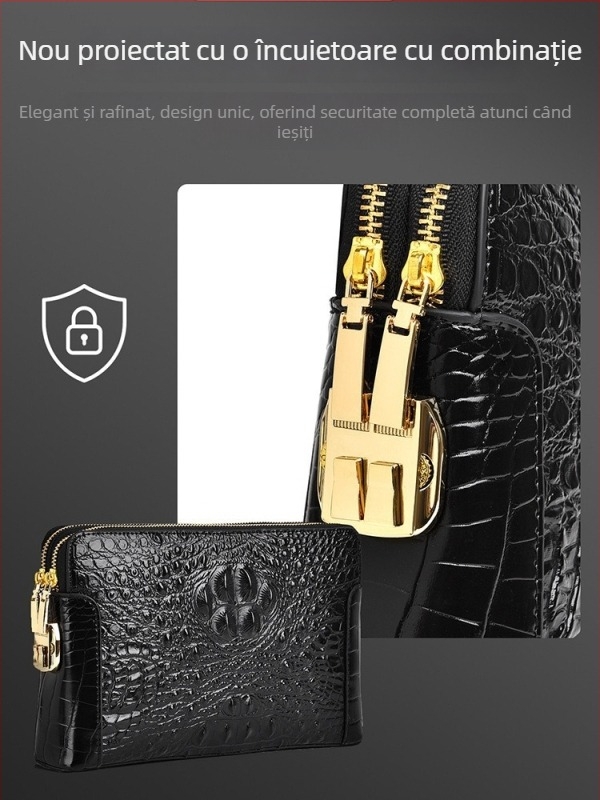 Geantă clutch pentru bărbați din piele naturală, model crocodil, compartimente multiple, închidere cu cod, fermoar dublu, antifurt