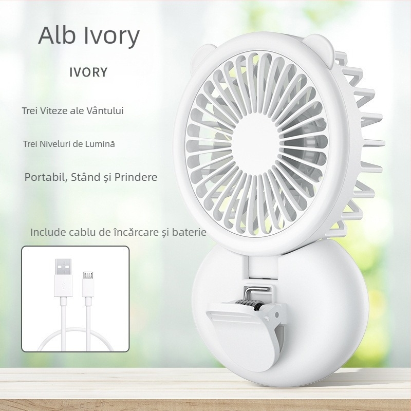 Ventilator mini USB cu clips și lumină de completare, pliabil, pentru gât