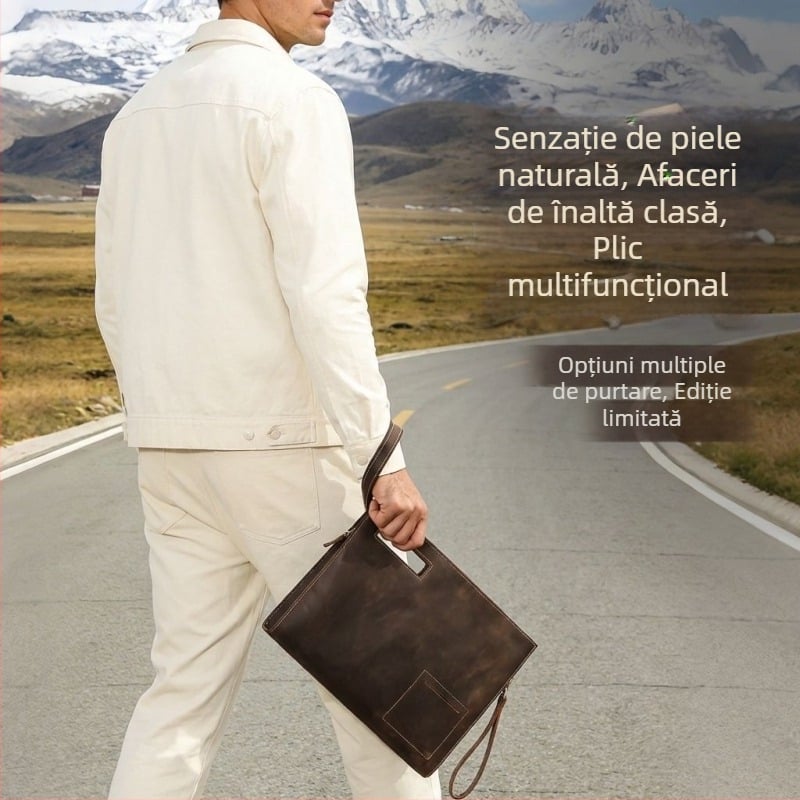 Geantă clutch vintage pentru bărbați din piele Crazy Horse, piele de vită de primă calitate, geantă crossbody pentru afaceri