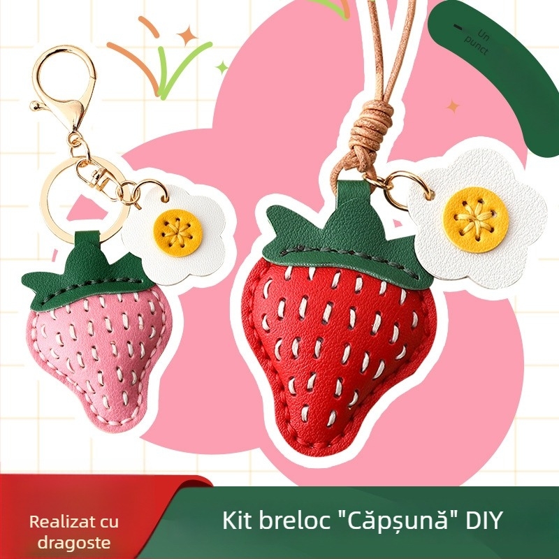 Kit DIY din piele de căpșună: breloc pentru chei și pandantiv