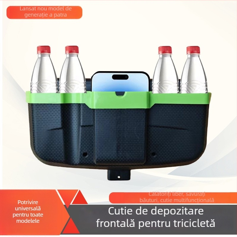 Cutie de depozitare pentru cadrul frontal al unui triciclu electric, 4 L, rezistentă la apă și la presiune, din plastic.