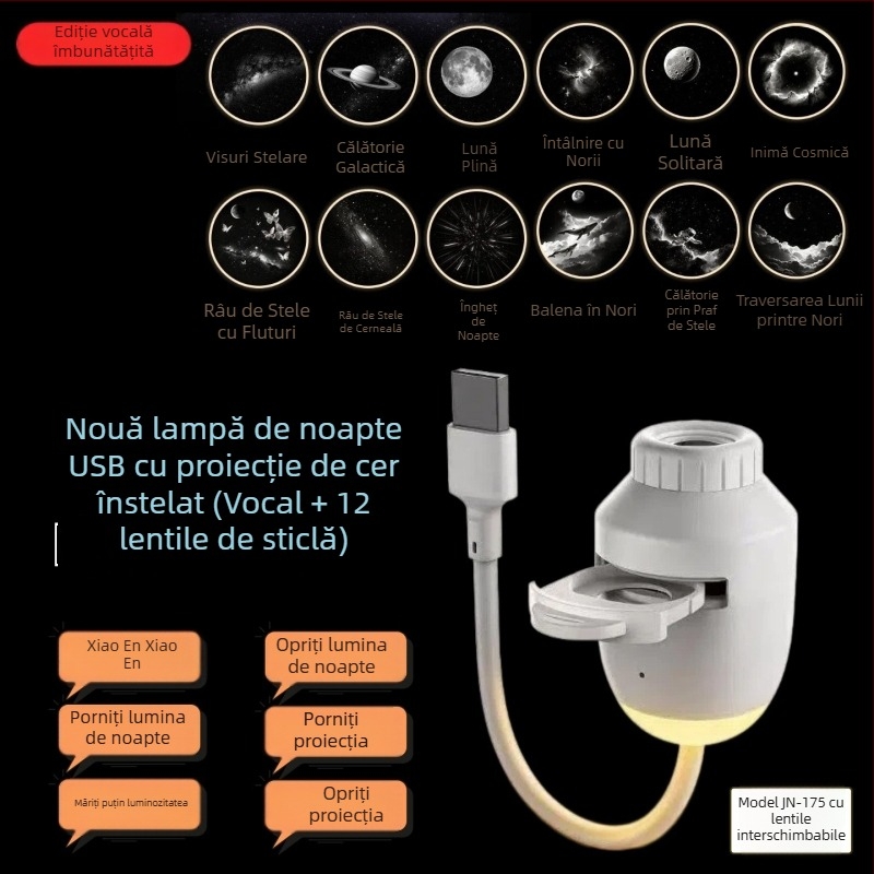 Lampa de birou 2026 pentru dormitor, iluminare de noapte cu protecție pentru ochi, panouri de sticlă înlocuibile, alimentare USB, proiecție a cerului înstelat