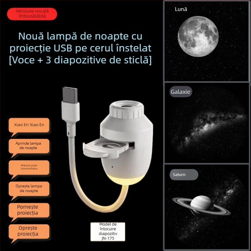 Lampa de birou 2026 pentru dormitor, iluminare de noapte cu protecție pentru ochi, panouri de sticlă înlocuibile, alimentare USB, proiecție a cerului înstelat