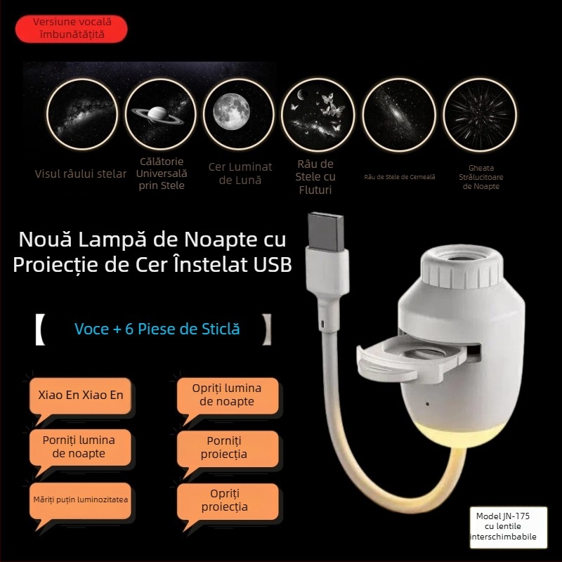 Lampa de birou 2026 pentru dormitor, iluminare de noapte cu protecție pentru ochi, panouri de sticlă înlocuibile, alimentare USB, proiecție a cerului înstelat