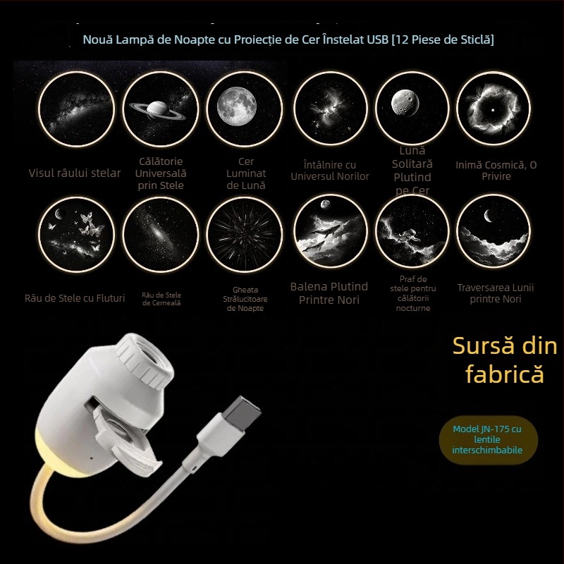 Lampa de birou 2026 pentru dormitor, iluminare de noapte cu protecție pentru ochi, panouri de sticlă înlocuibile, alimentare USB, proiecție a cerului înstelat