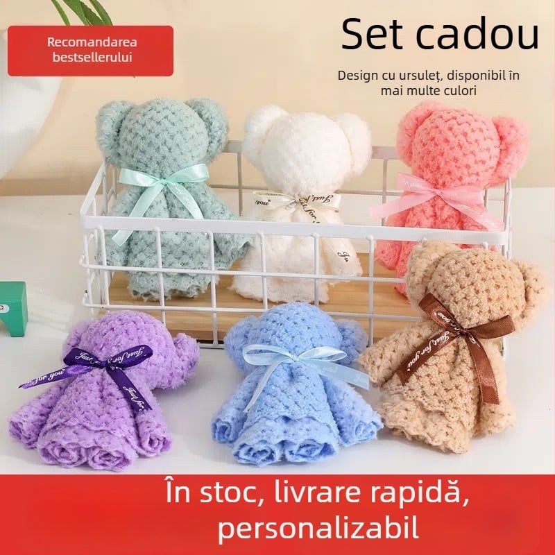 Prosop cu ursuleț din velur coral - cadou pentru absolvirea grădiniței, cadou de nuntă, suvenir pentru eveniment