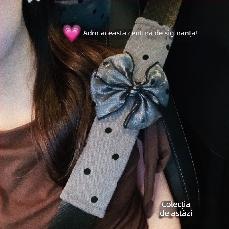 Set gri pentru interiorul mașinii: pernă de cap cu nod papion și suport lombar, decor drăguț cu zeiță desen animat, protecție pentru centură de siguranță și pentru umăr, cutie de șervețele