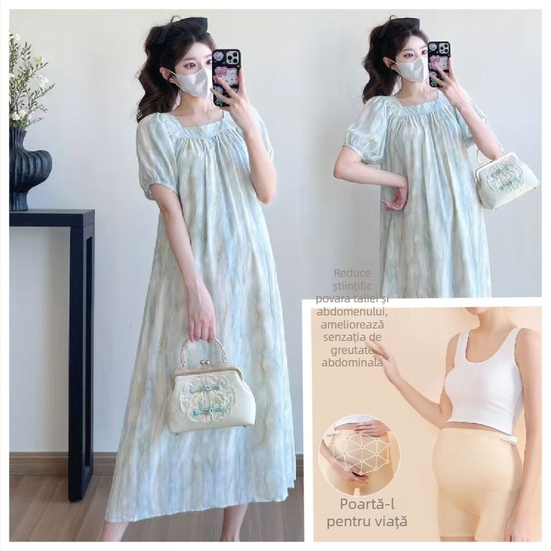Rochie de maternitate cu tie-dye, decolteu pătrat, mâneci scurte, croială lejeră, stil coreean, vară 2026