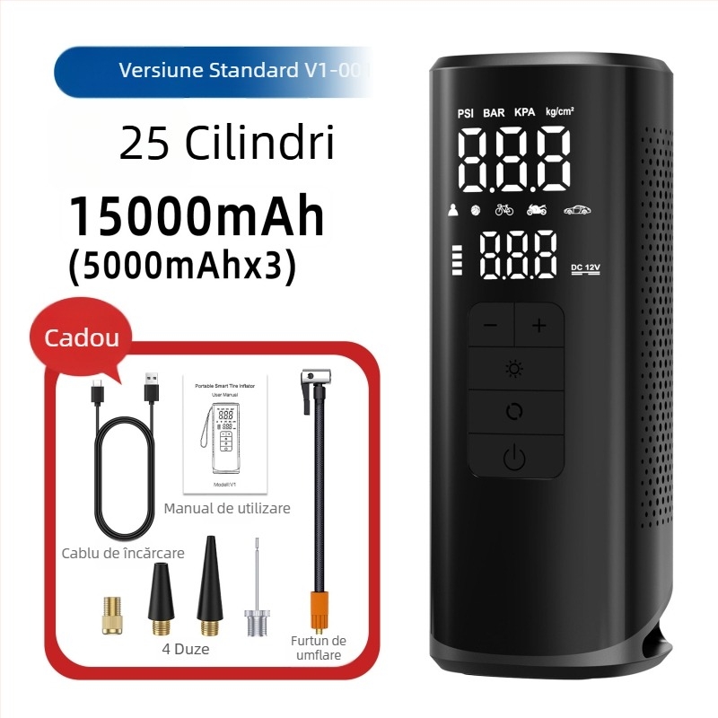 Pompă de aer wireless pentru mașină, portabilă, înaltă putere, pentru pneuri, presiune mare, încărcare USB, lumină LED, întrerupere automată