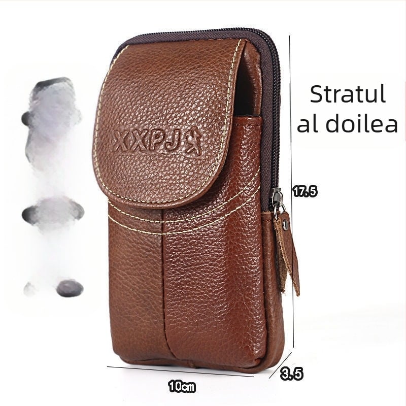 Geantă de talie din piele naturală pentru telefon, bărbați, multifuncțională, stil modern, piele de vițel, buzunar pentru monede, husă suspendată