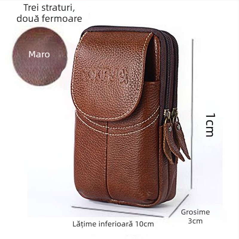 Geantă de talie din piele naturală pentru telefon, bărbați, multifuncțională, stil modern, piele de vițel, buzunar pentru monede, husă suspendată