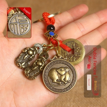 Pandantiv din aliaj de zinc pentru breloc, cu doisprezece semne ale zodiacului, monedă a celor cinci împărați, Pixiu dublu talisman, amulet roșu noroc