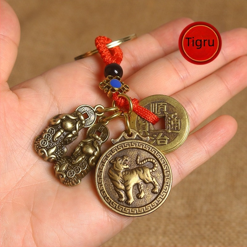 Pandantiv din aliaj de zinc pentru breloc, cu doisprezece semne ale zodiacului, monedă a celor cinci împărați, Pixiu dublu talisman, amulet roșu noroc