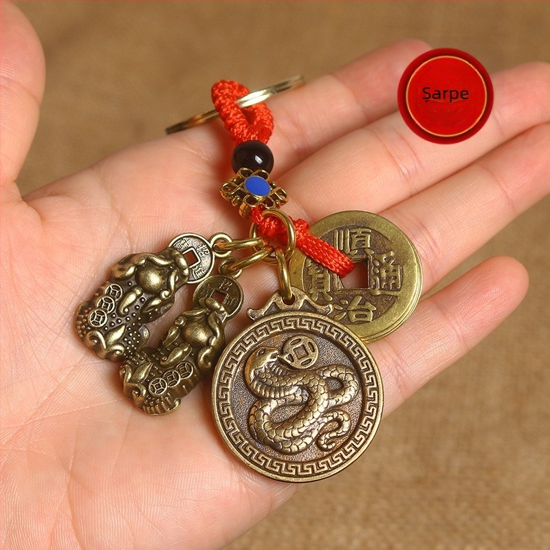 Pandantiv din aliaj de zinc pentru breloc, cu doisprezece semne ale zodiacului, monedă a celor cinci împărați, Pixiu dublu talisman, amulet roșu noroc