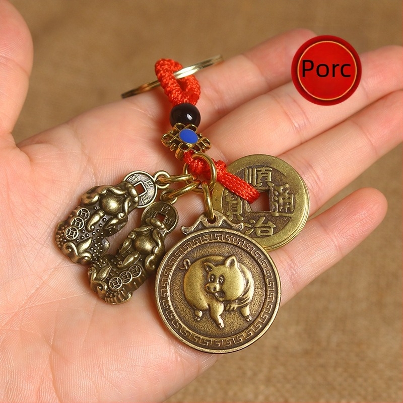 Pandantiv din aliaj de zinc pentru breloc, cu doisprezece semne ale zodiacului, monedă a celor cinci împărați, Pixiu dublu talisman, amulet roșu noroc