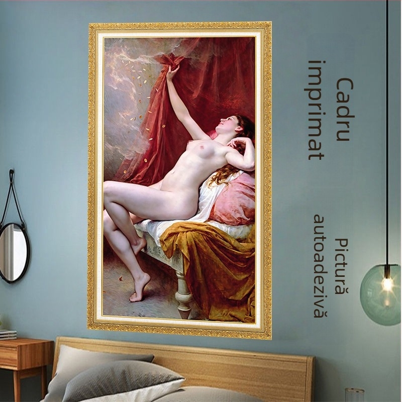 Tablou decorativ autoadesiv pentru perete, desenat manual, inspirat din opere europene și americane în ulei, figuri feminine, în ramă PVC, pentru dormitor și baie