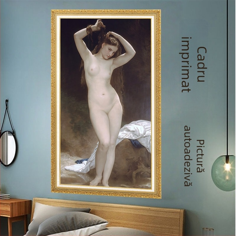 Tablou decorativ autoadesiv pentru perete, desenat manual, inspirat din opere europene și americane în ulei, figuri feminine, în ramă PVC, pentru dormitor și baie