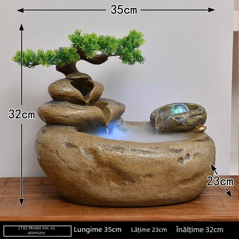 Fântână de birou cu peisaj stâncos și apă curgătoare, Roată Feng Shui