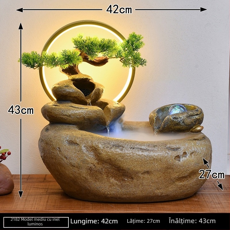 Fântână de birou cu peisaj stâncos și apă curgătoare, Roată Feng Shui