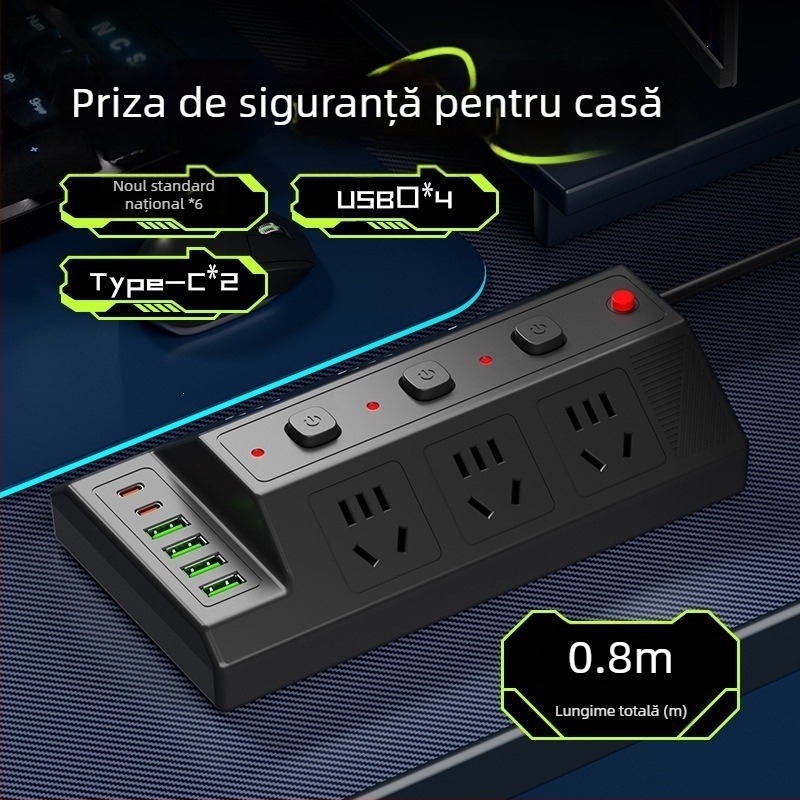 Priză USB multifuncțională cu 4 porturi USB și 2 porturi Type-C, extensie de birou pentru casă