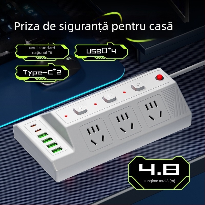 Priză USB multifuncțională cu 4 porturi USB și 2 porturi Type-C, extensie de birou pentru casă