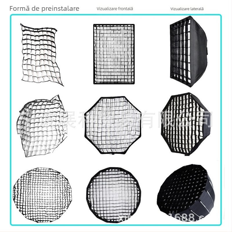 Softbox cu grilă pentru fotografie de studio, grilă octagonal-rectangulară cu model fagure, proiecție profundă, montaj rapid, difuzor de lumină și capac pentru bliț