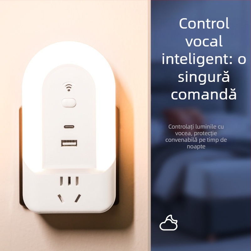 Lampă inteligentă cu control vocal și priză încorporată – lampă de noptieră pentru dormitor, lumină moale, protecție pentru ochi
