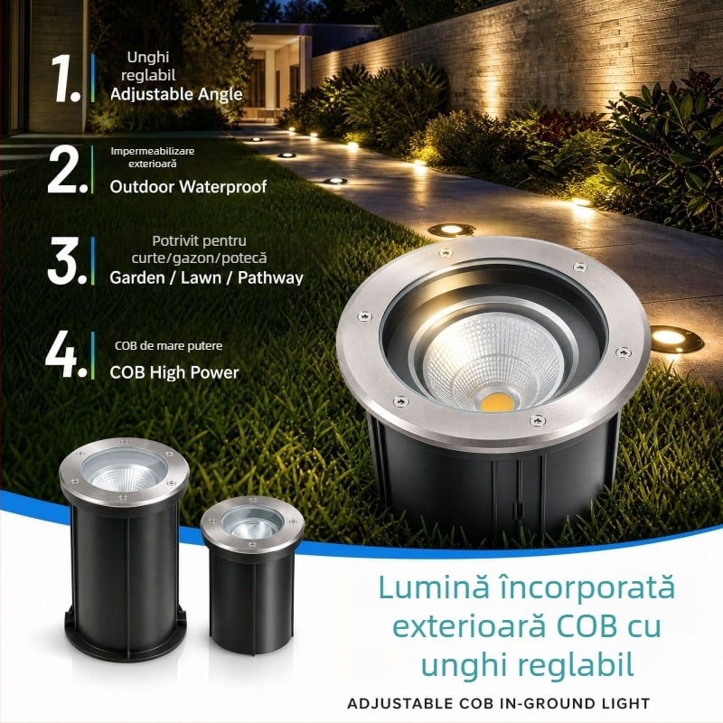 Lumină LED subterană cu unghi reglabil pentru gazon și plante, iluminat exterior impermeabil încastrat, corp pătrat, 3000K alb cald, IP65