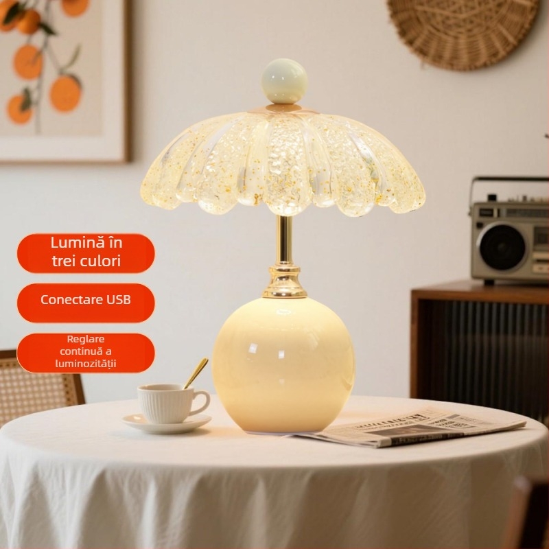 Lampă de masă cremă, lux modern pentru dormitor, iluminare ambientală cu petale