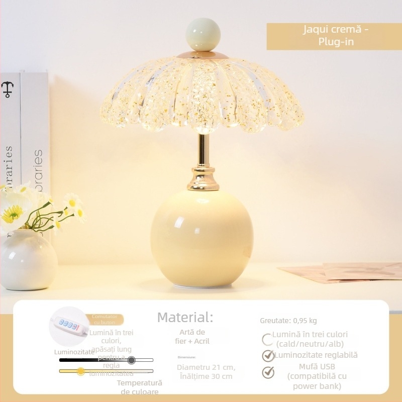 Lampă de masă cremă, lux modern pentru dormitor, iluminare ambientală cu petale