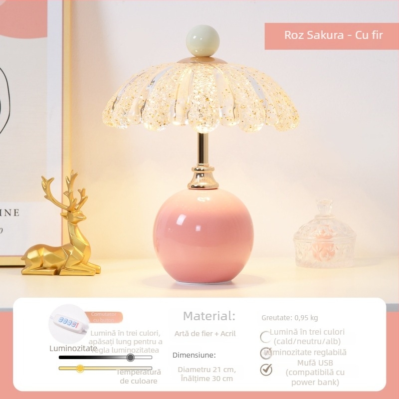 Lampă de masă cremă, lux modern pentru dormitor, iluminare ambientală cu petale