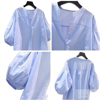 2026 Bluza albastru deschis cu guler înalt și mâneci lampion, lejeră, din bumbac pur, pentru vară